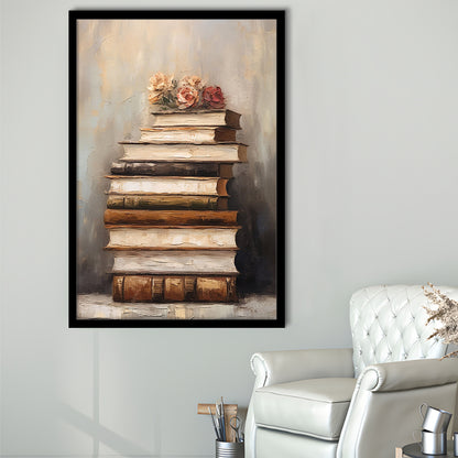 Stack of Old Books Oil Painting Academia Vintage Style Art, Framed Art Print Wall Decor, Picture Framed