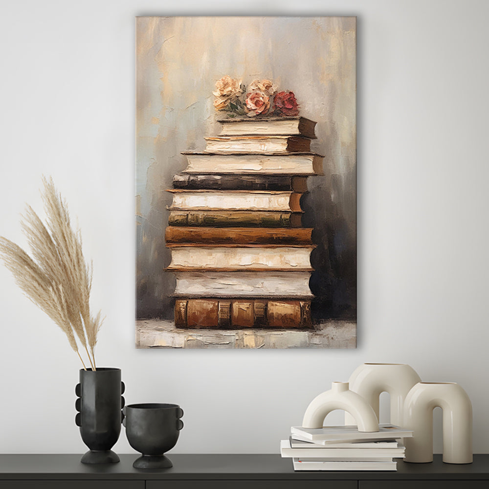 Stack of Old Books Oil Painting Academia Vintage Style Art, Canvas Print Wall Art, Wall Decor, Painting Canvas