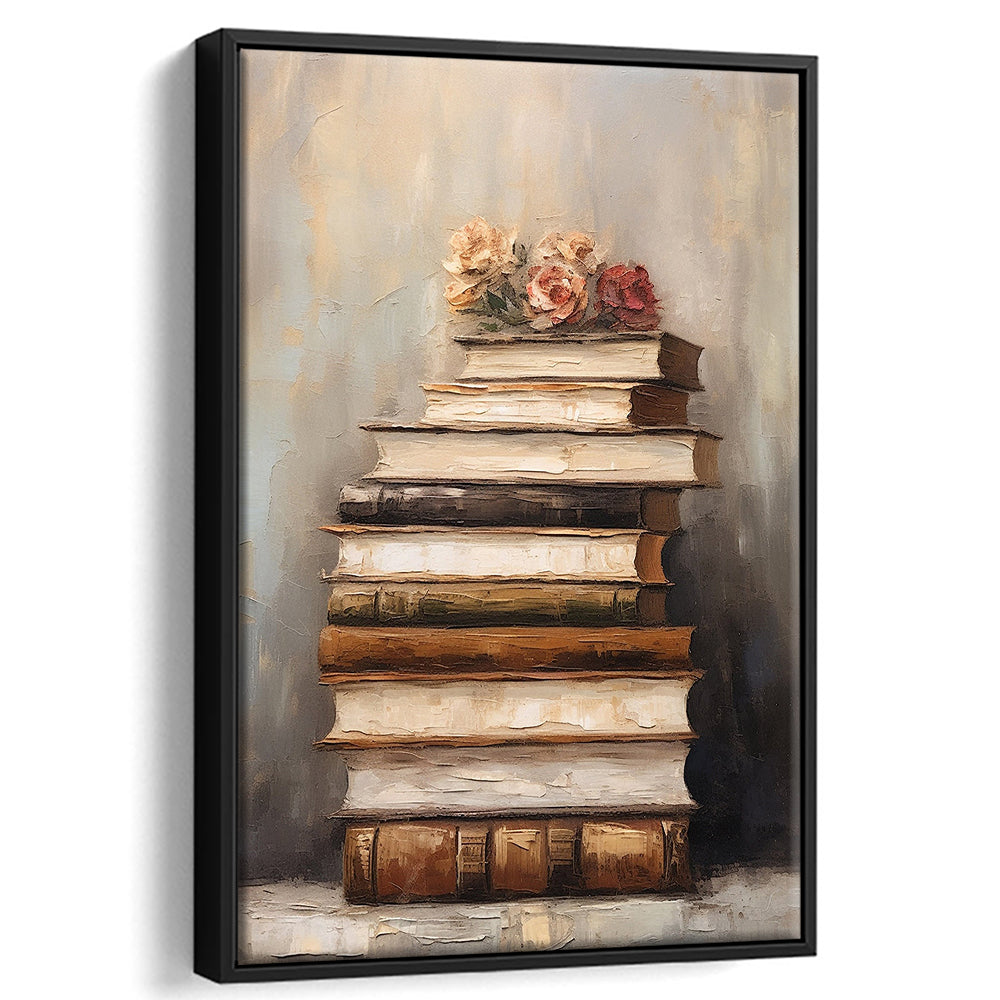 Stack of Old Books Oil Painting Academia Vintage Style Art, Framed Canvas Print Wall Art, Floating Frame