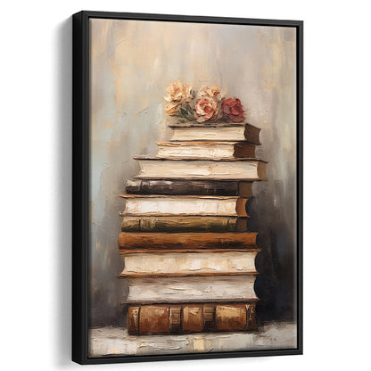 Stack of Old Books Oil Painting Academia Vintage Style Art, Framed Canvas Print Wall Art, Floating Frame