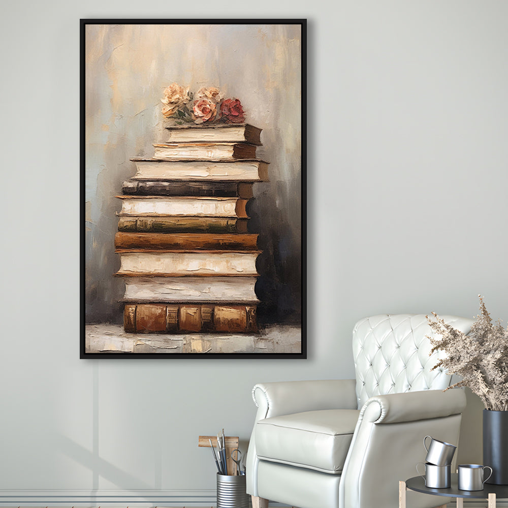 Stack of Old Books Oil Painting Academia Vintage Style Art, Framed Canvas Print Wall Art, Floating Frame