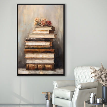 Stack of Old Books Oil Painting Academia Vintage Style Art, Framed Canvas Print Wall Art, Floating Frame