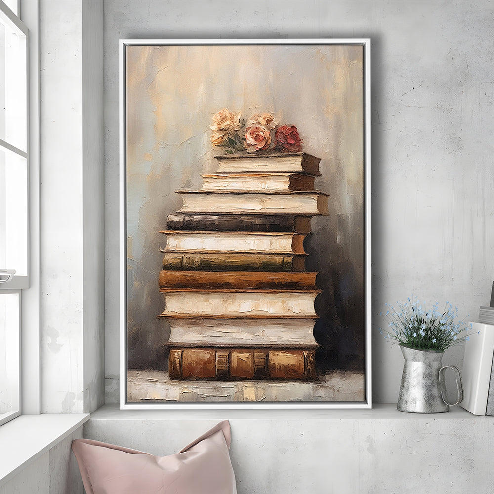 Stack of Old Books Oil Painting Academia Vintage Style Art, Framed Canvas Print Wall Art, Floating Frame