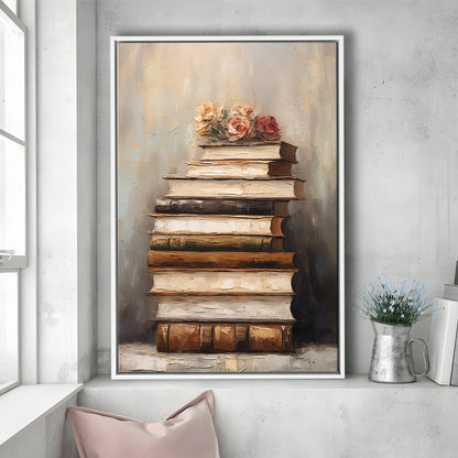 Stack of Old Books Oil Painting Academia Vintage Style Art, Framed Canvas Print Wall Art, Floating Frame