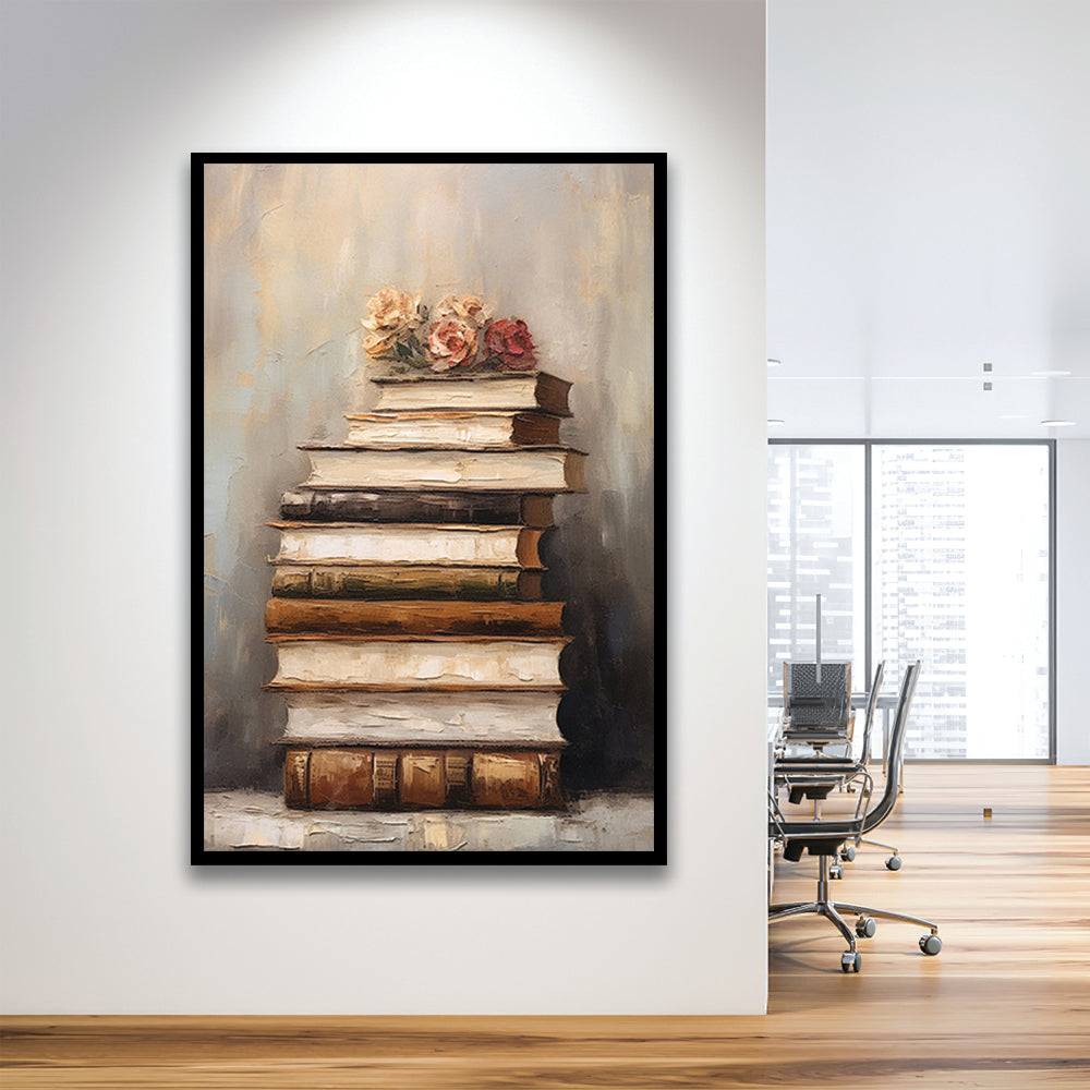 Stack of Old Books Oil Painting Academia Vintage Style Art, Framed Art Print Wall Decor, Picture Framed