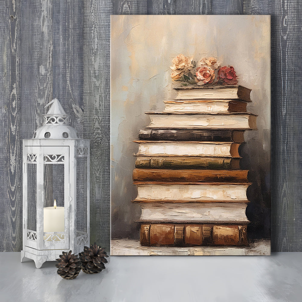 Stack of Old Books Oil Painting Academia Vintage Style Art, Canvas Print Wall Art, Wall Decor, Painting Canvas