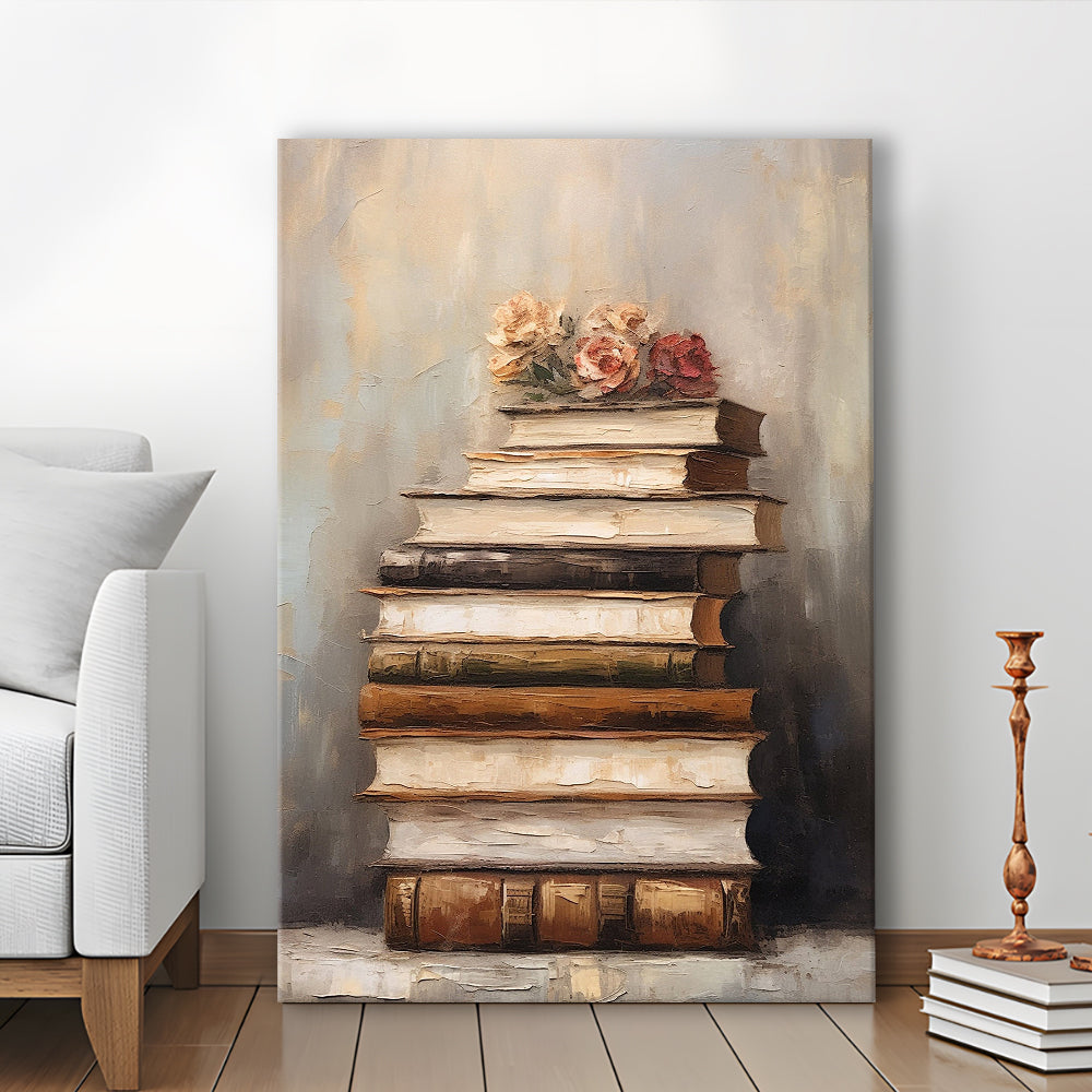 Stack of Old Books Oil Painting Academia Vintage Style Art, Canvas Print Wall Art, Wall Decor, Painting Canvas