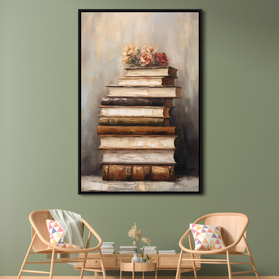 Stack of Old Books Oil Painting Academia Vintage Style Art, Framed Canvas Print Wall Art, Floating Frame