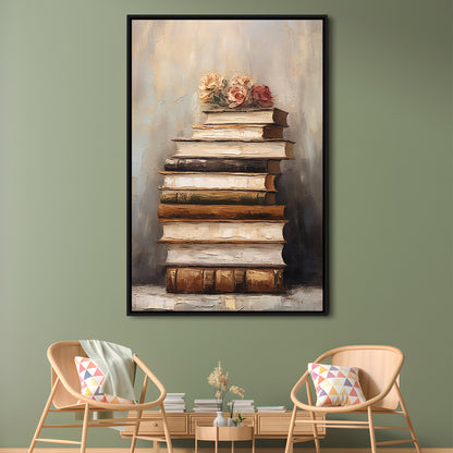 Stack of Old Books Oil Painting Academia Vintage Style Art, Framed Canvas Print Wall Art, Floating Frame
