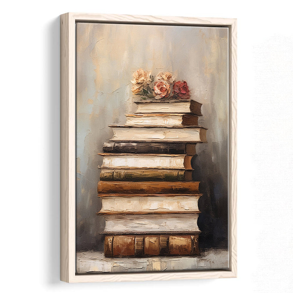 Stack of Old Books Oil Painting Academia Vintage Style Art, Framed Canvas Print Wall Art, Floating Frame
