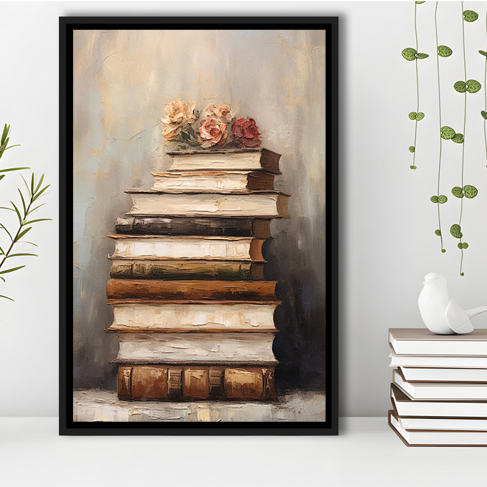 Stack of Old Books Oil Painting Academia Vintage Style Art, Framed Canvas Print Wall Art, Floating Frame