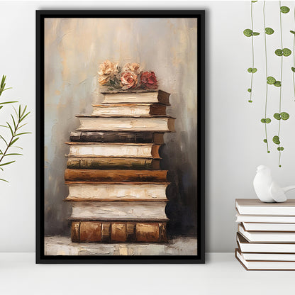 Stack of Old Books Oil Painting Academia Vintage Style Art, Framed Canvas Print Wall Art, Floating Frame