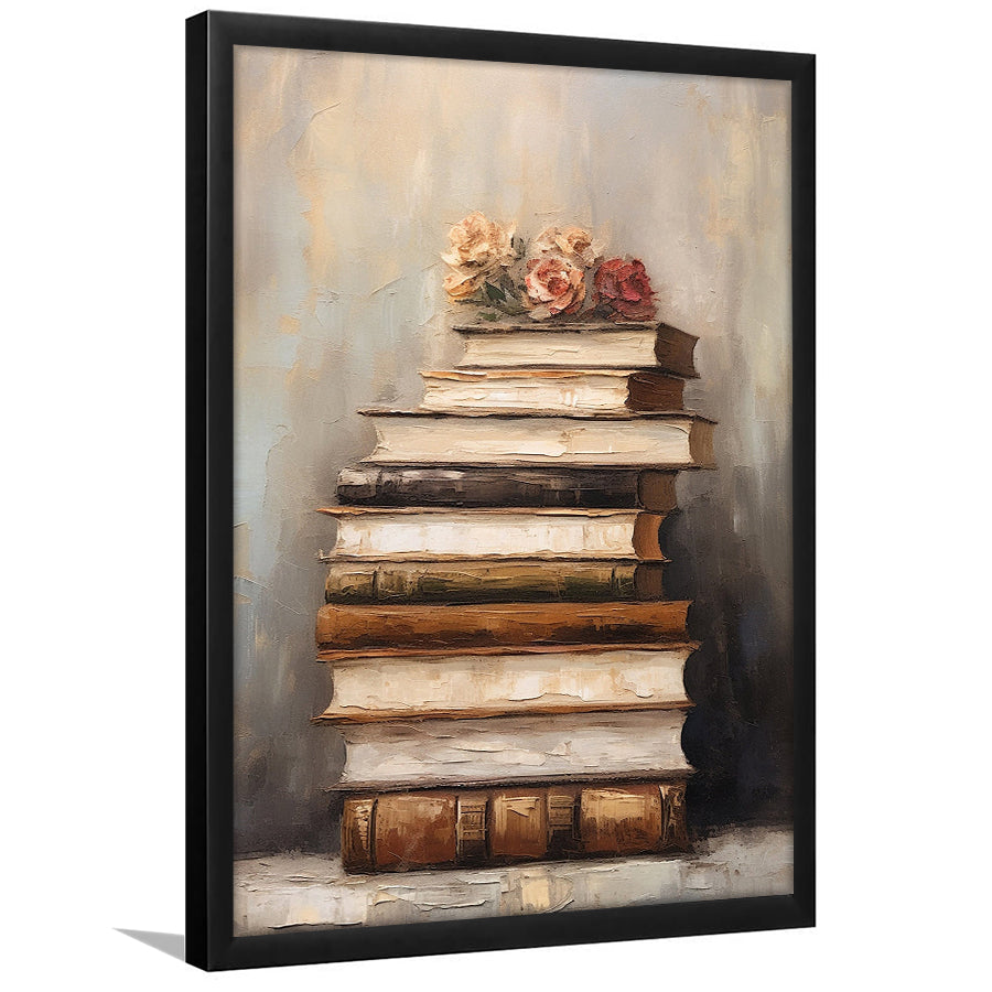 Stack of Old Books Oil Painting Academia Vintage Style Art, Framed Art Print Wall Decor, Picture Framed