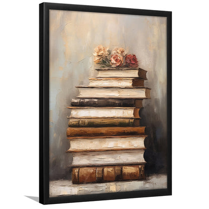 Stack of Old Books Oil Painting Academia Vintage Style Art, Framed Art Print Wall Decor, Picture Framed