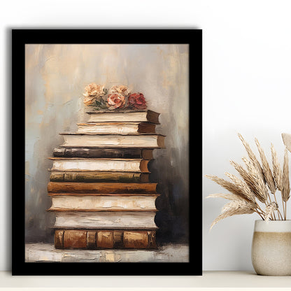 Stack of Old Books Oil Painting Academia Vintage Style Art, Framed Art Print Wall Decor, Picture Framed