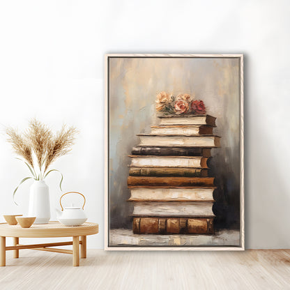 Stack of Old Books Oil Painting Academia Vintage Style Art, Framed Canvas Print Wall Art, Floating Frame