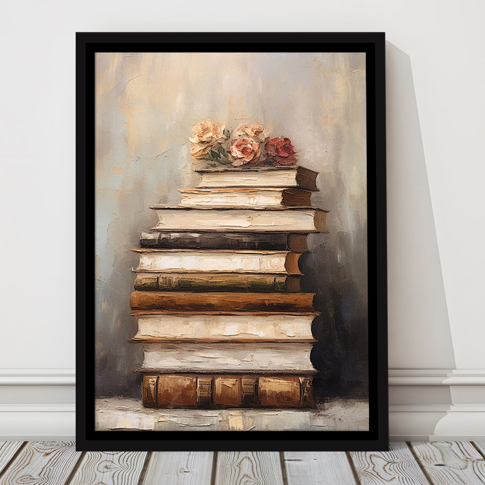 Stack of Old Books Oil Painting Academia Vintage Style Art, Framed Canvas Print Wall Art, Floating Frame