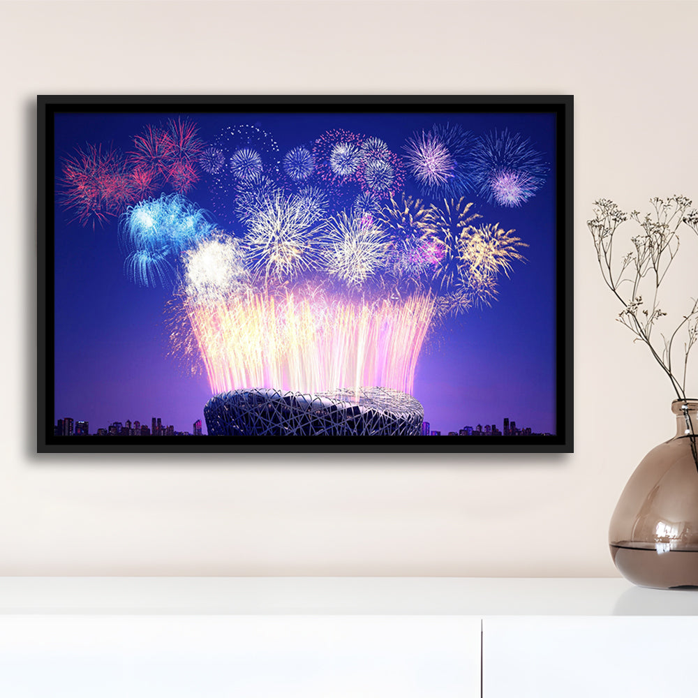 Stadium Fireworks in China, Stadium Canvas, Sport Art, Framed Canvas Print Wall Art, Floating Frame