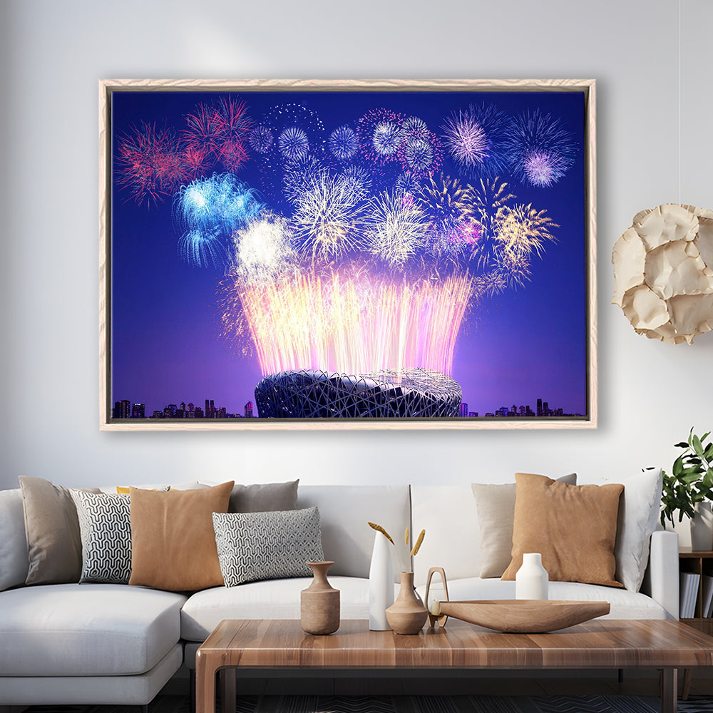 Stadium Fireworks in China, Stadium Canvas, Sport Art, Framed Canvas Print Wall Art, Floating Frame