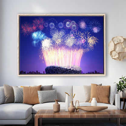 Stadium Fireworks in China, Stadium Canvas, Sport Art, Framed Canvas Print Wall Art, Floating Frame