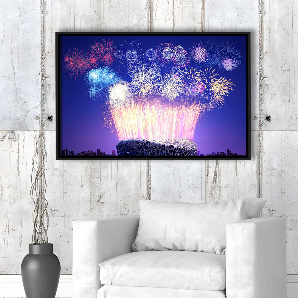 Stadium Fireworks in China, Stadium Canvas, Sport Art, Framed Canvas Print Wall Art, Floating Frame