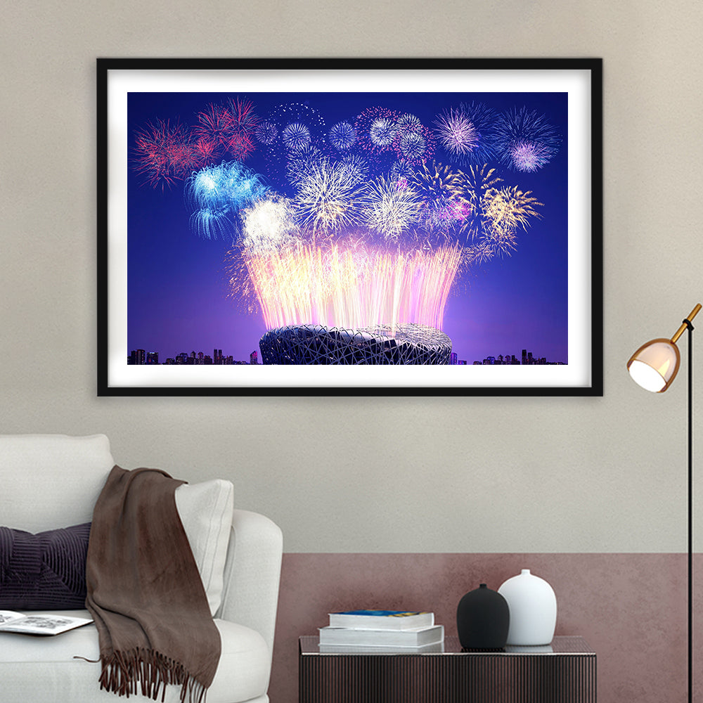 Stadium Fireworks in China, Stadium Canvas, Sport Art, Gift for him, White Border Framed Art Print Wall Decor
