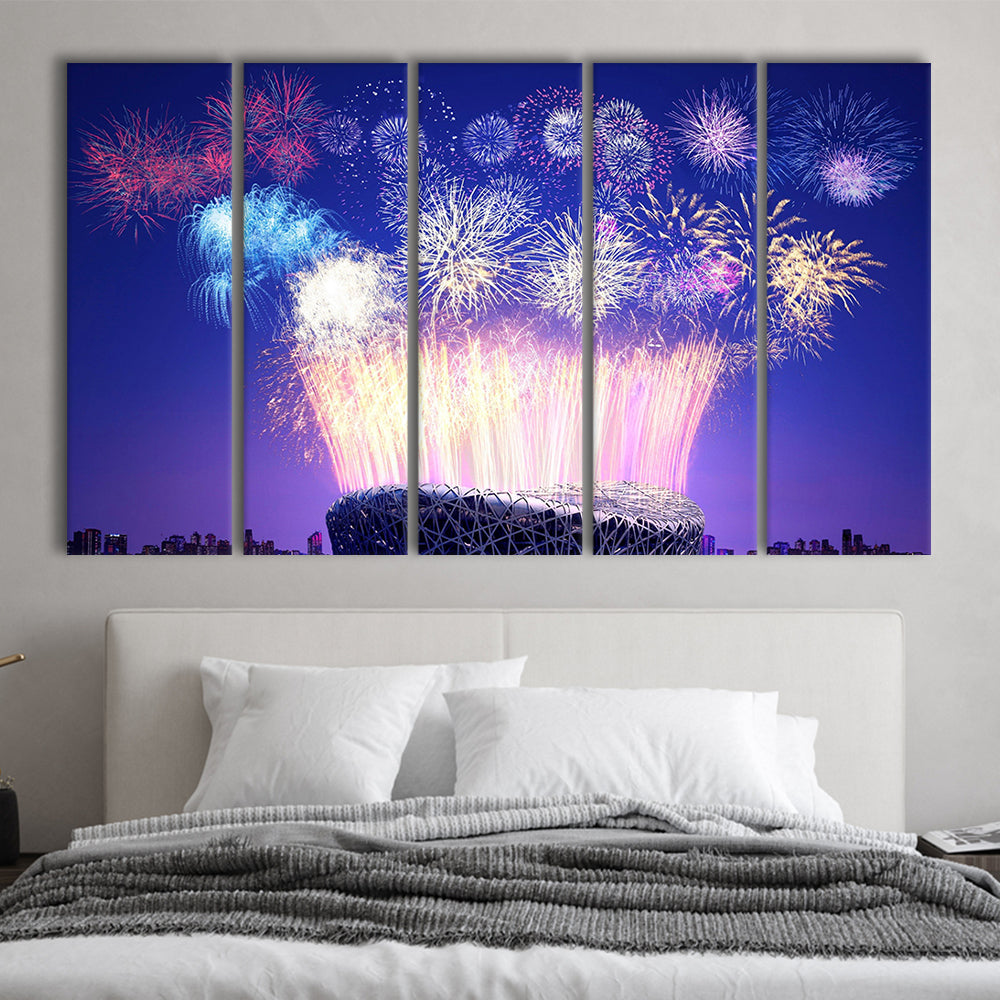 Stadium Fireworks in China, Stadium Canvas, Sport Art, 5 Panel B, Extra Large Canvas, Canvas Print Wall Art