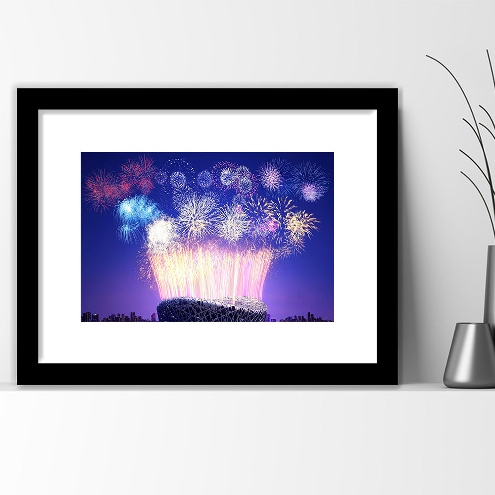 Stadium Fireworks in China, Stadium Canvas, Sport Art, Gift for him, White Border Framed Art Print Wall Decor
