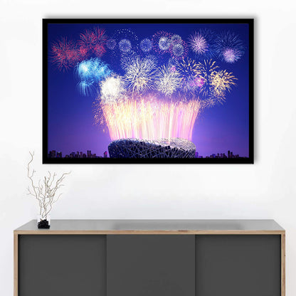 Stadium Fireworks in China, Stadium Canvas, Sport Art, Gift for him, Framed Art Print Wall Decor, Picture Framed