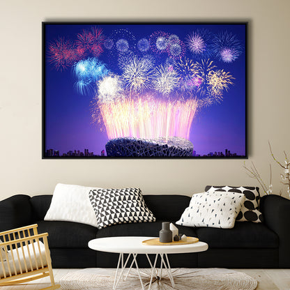 Stadium Fireworks in China, Stadium Canvas, Sport Art, Framed Canvas Print Wall Art, Floating Frame