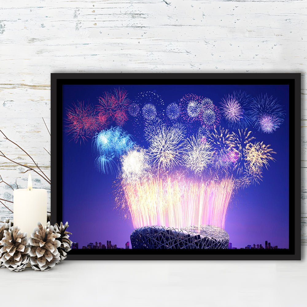 Stadium Fireworks in China, Stadium Canvas, Sport Art, Framed Canvas Print Wall Art, Floating Frame