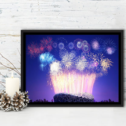 Stadium Fireworks in China, Stadium Canvas, Sport Art, Framed Canvas Print Wall Art, Floating Frame