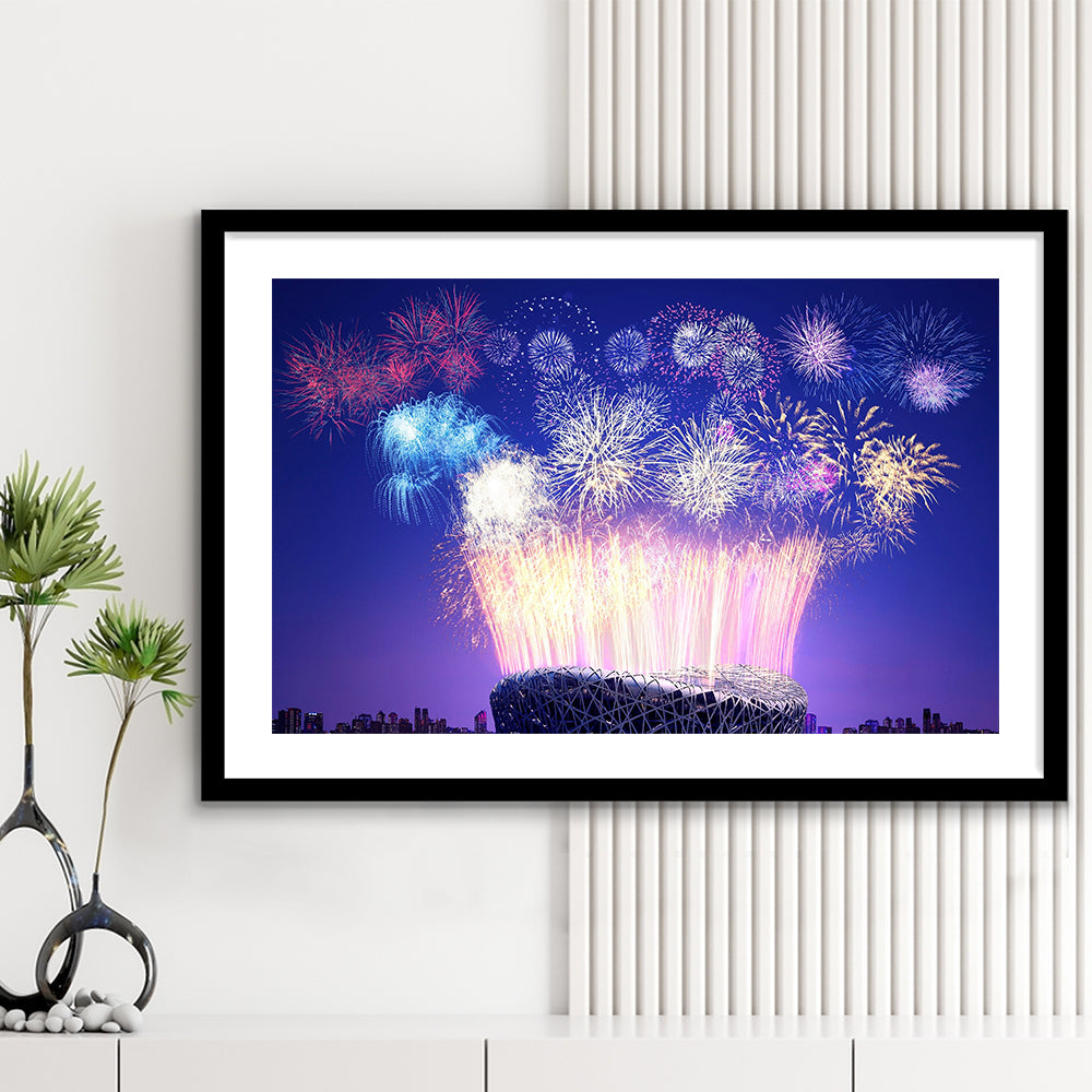Stadium Fireworks in China, Stadium Canvas, Sport Art, Gift for him, White Border Framed Art Print Wall Decor