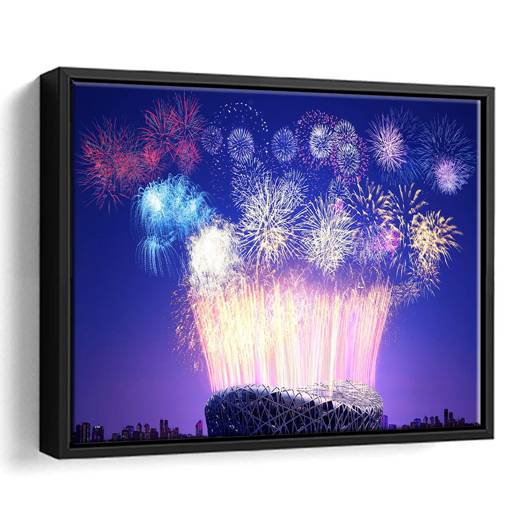 Stadium Fireworks in China, Stadium Canvas, Sport Art, Framed Canvas Print Wall Art, Floating Frame