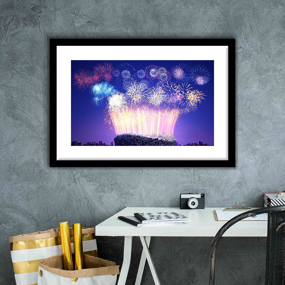 Stadium Fireworks in China, Stadium Canvas, Sport Art, Gift for him, White Border Framed Art Print Wall Decor