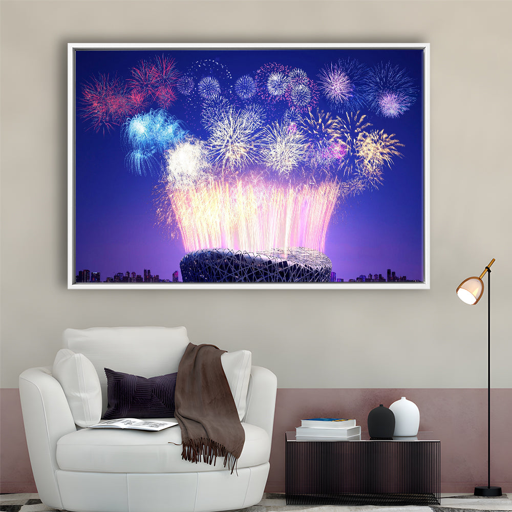 Stadium Fireworks in China, Stadium Canvas, Sport Art, Framed Canvas Print Wall Art, Floating Frame