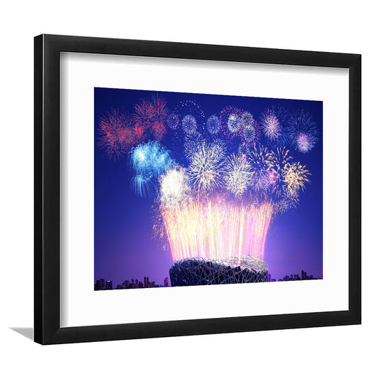 Stadium Fireworks in China, Stadium Canvas, Sport Art, Gift for him, White Border Framed Art Print Wall Decor