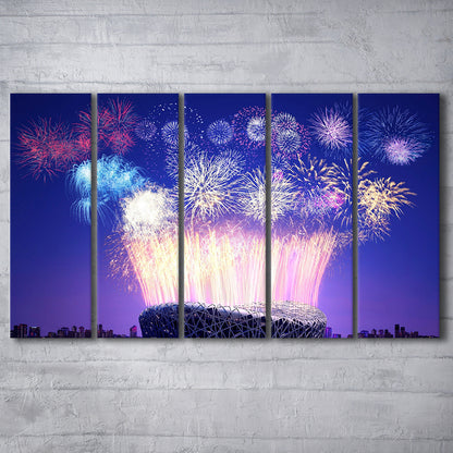 Stadium Fireworks in China, Stadium Canvas, Sport Art, 5 Panel B, Extra Large Canvas, Canvas Print Wall Art