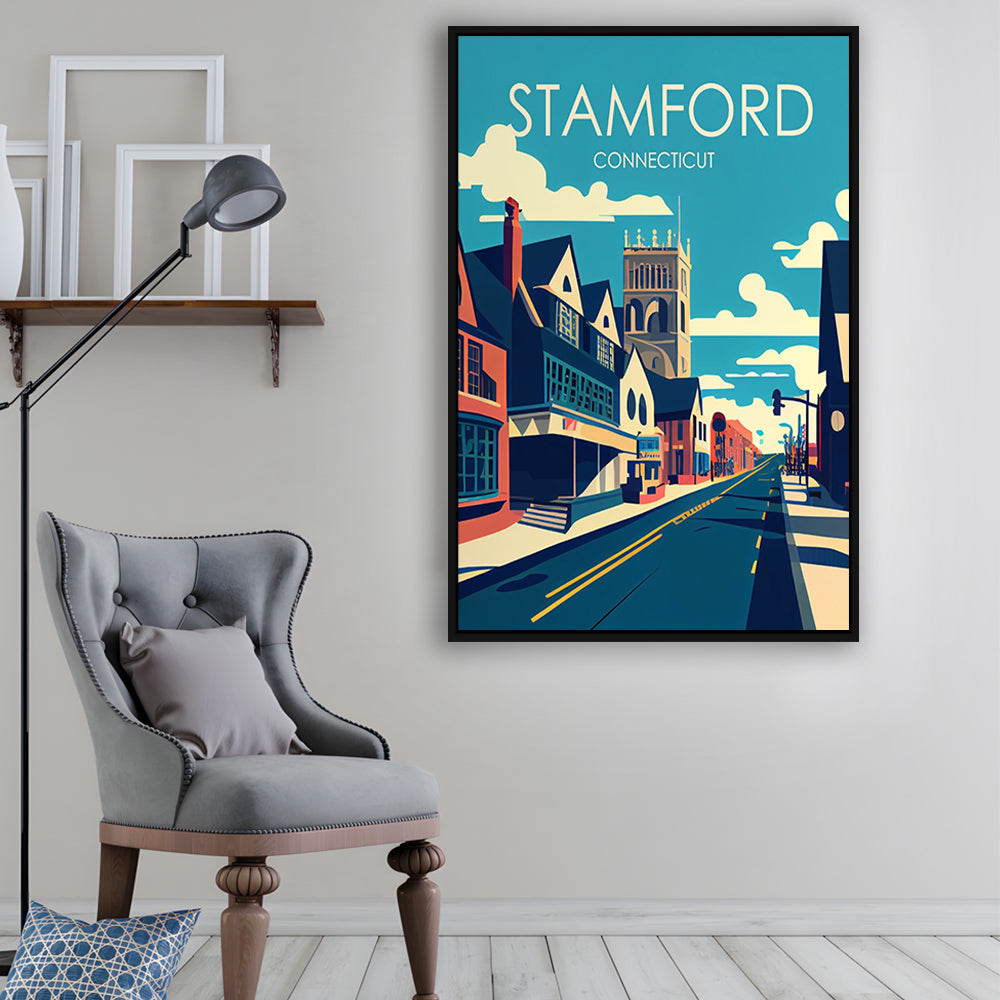 Stamford Connecticut Retro Art Print, Stamford City Wall Art, Floating Framed Canvas Print, Framed Picture, Painting Canvas