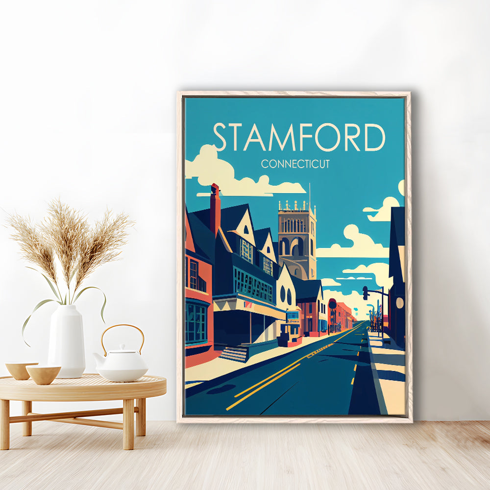 Stamford Connecticut Retro Art Print, Stamford City Wall Art, Floating Framed Canvas Print, Framed Picture, Painting Canvas