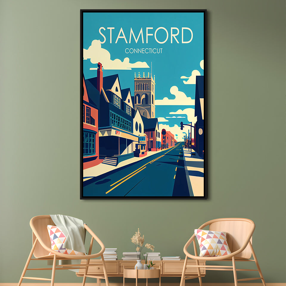 Stamford Connecticut Retro Art Print, Stamford City Wall Art, Floating Framed Canvas Print, Framed Picture, Painting Canvas