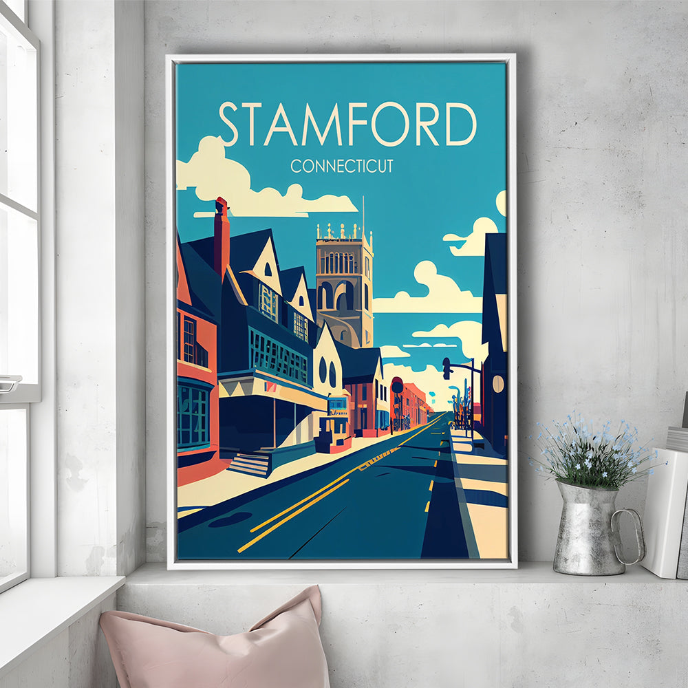 Stamford Connecticut Retro Art Print, Stamford City Wall Art, Floating Framed Canvas Print, Framed Picture, Painting Canvas