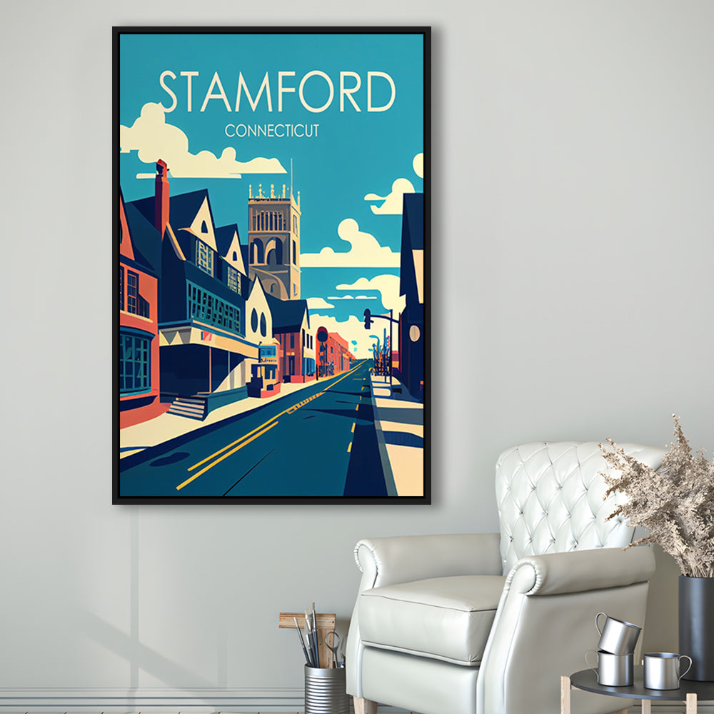 Stamford Connecticut Retro Art Print, Stamford City Wall Art, Floating Framed Canvas Print, Framed Picture, Painting Canvas