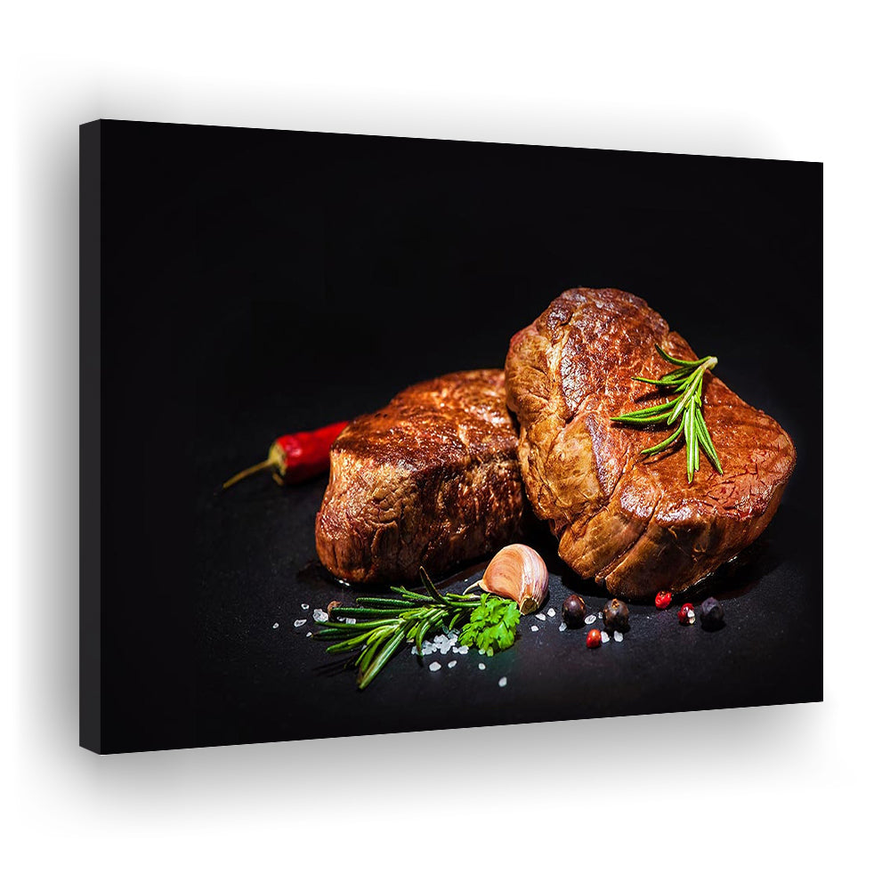 Steaks with Spices on a Black Background, Kitchen Wall Art, Food Canvas Print, Cavas Print Wall Art Hom Decor