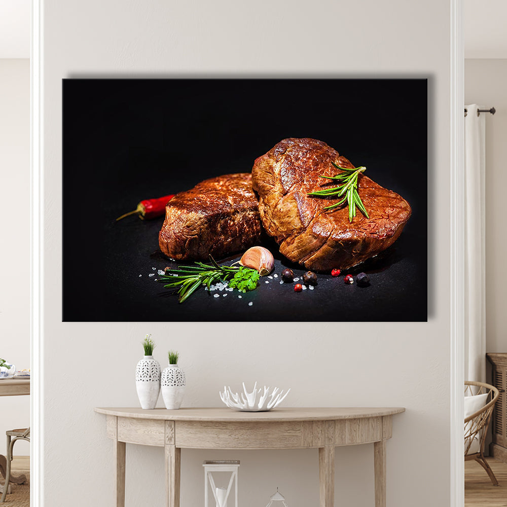Steaks with Spices on a Black Background, Kitchen Wall Art, Food Canvas Print, Cavas Print Wall Art Hom Decor