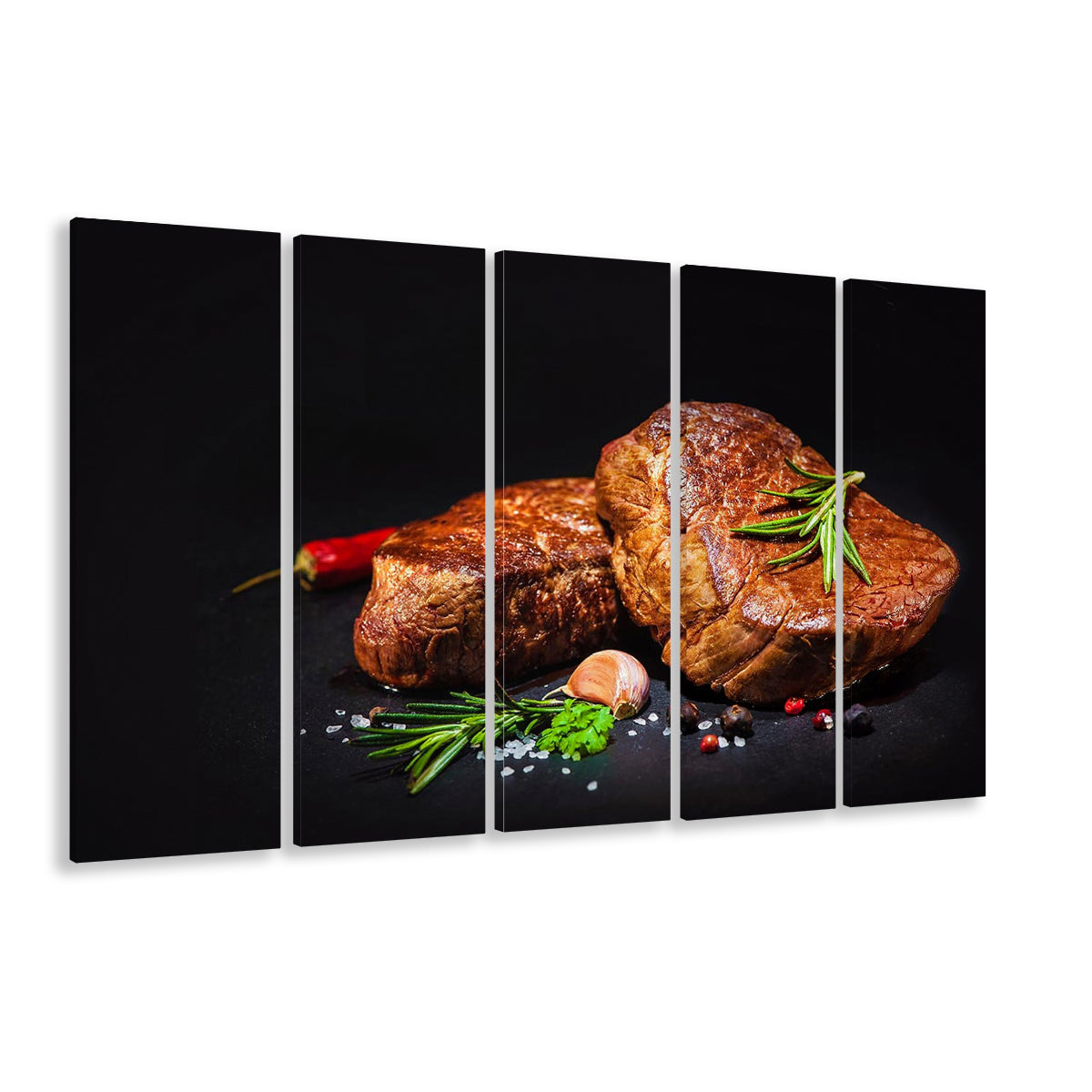 Steaks with Spices on a Black Background, Kitchen Wall Art, Food Canvas Print, 5 Piece B Extra Large Cavas Print Wall Art