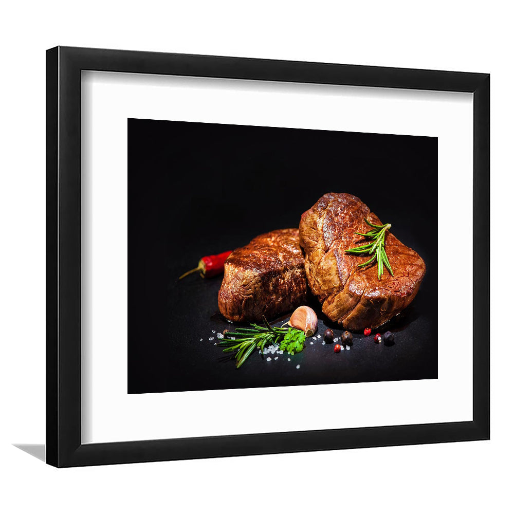 Steaks With Spices On A Black Background, Kitchen Wall Art, Food Art Print, Framed Art Print White Border