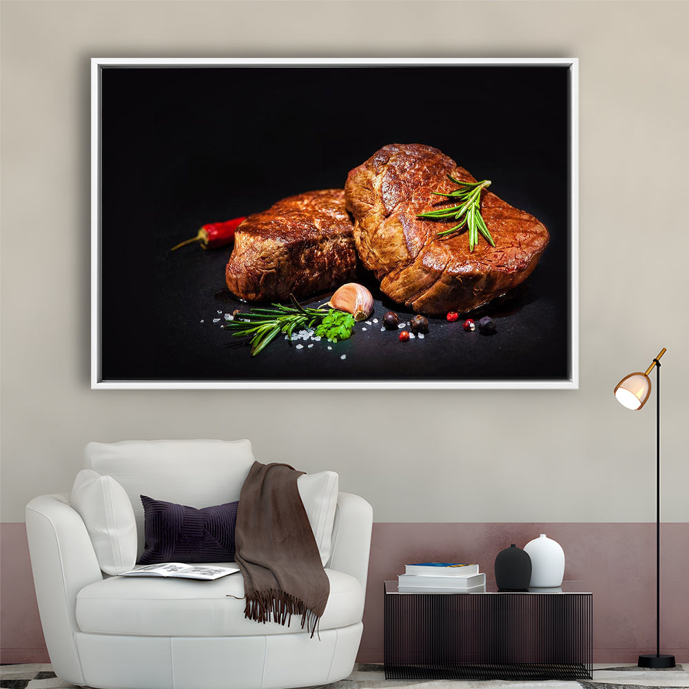 Steaks With Spices On A Black Background, Kitchen Wall Art, Food Canvas Print, Framed Cavas Print, Floating Frame