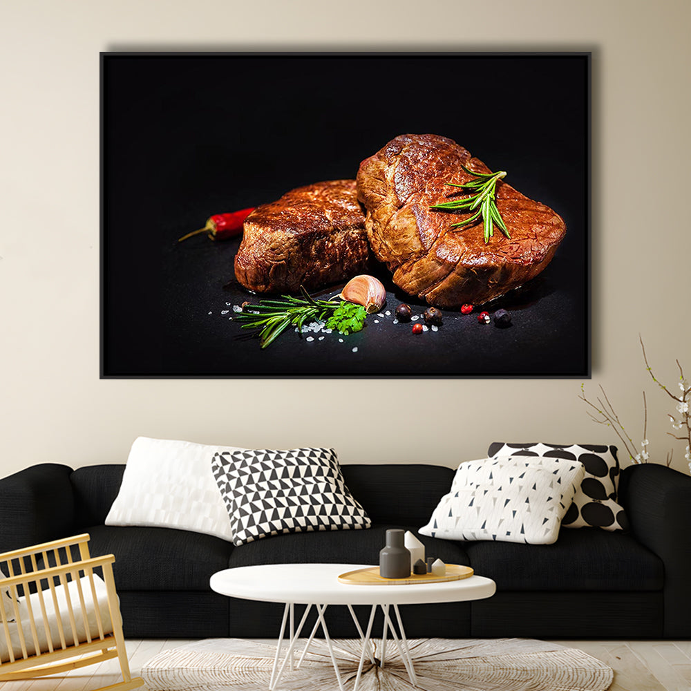 Steaks With Spices On A Black Background, Kitchen Wall Art, Food Canvas Print, Framed Cavas Print, Floating Frame
