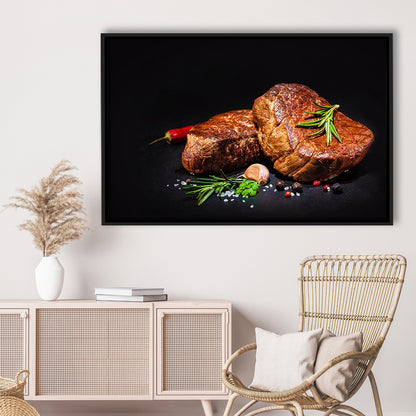 Steaks With Spices On A Black Background, Kitchen Wall Art, Food Canvas Print, Framed Cavas Print, Floating Frame